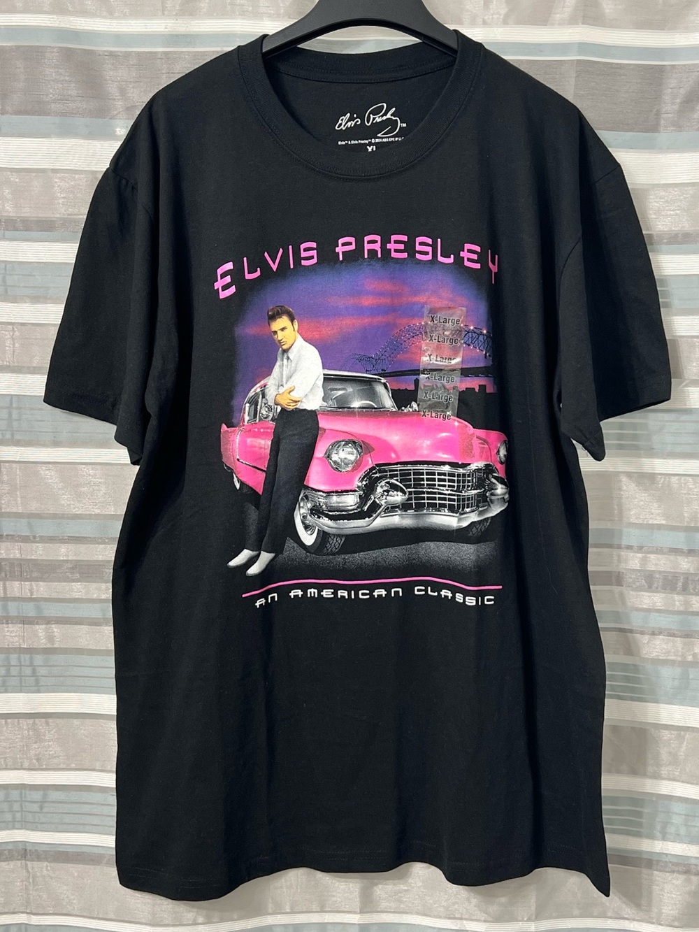 Elvis Presley Black Graphic Tee with Pink Cadillac Classic Car